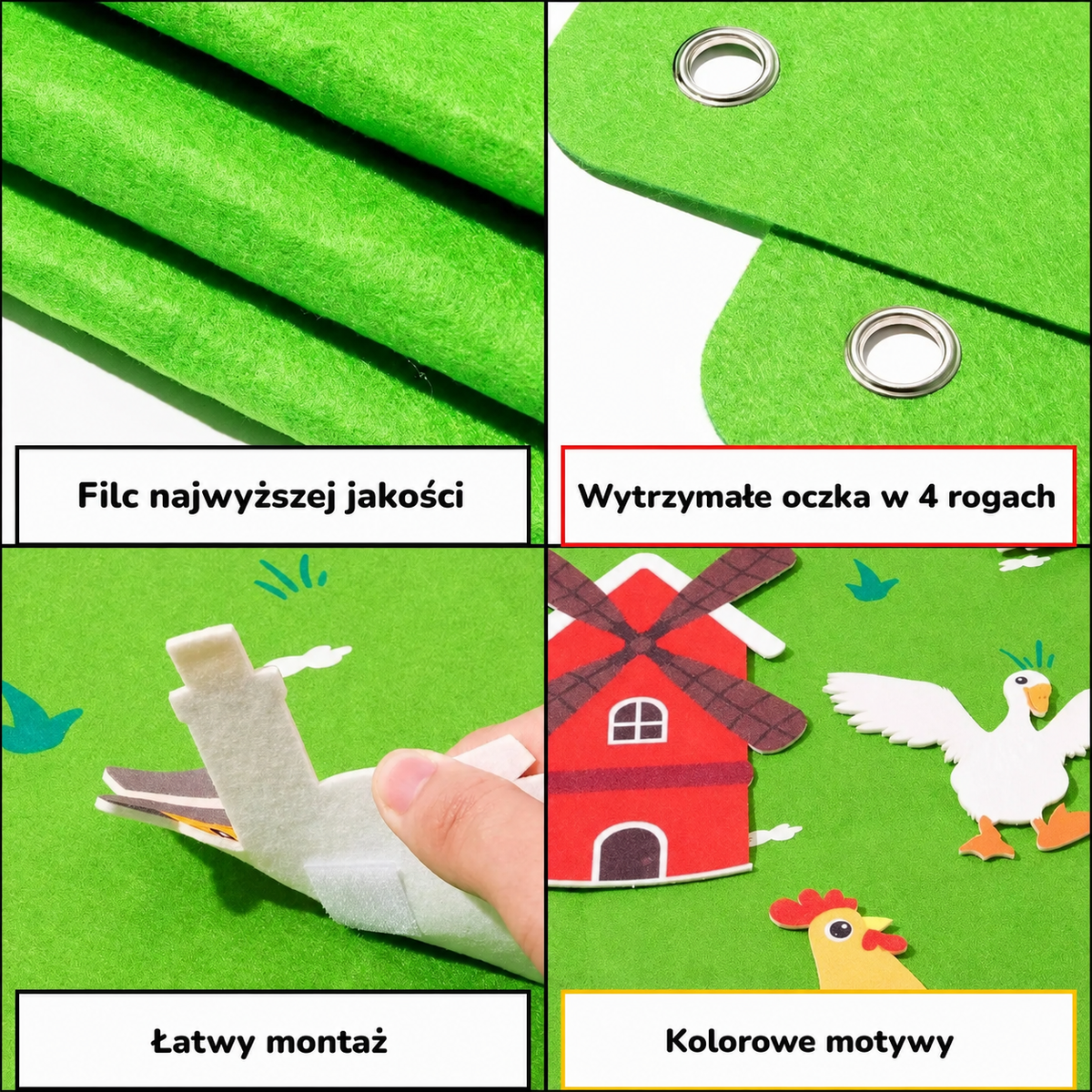 Tablica filcowa Montessori StoryFelt™ Farma zamontowana w pokoju dziecięcym jako dekoracja edukacyjna