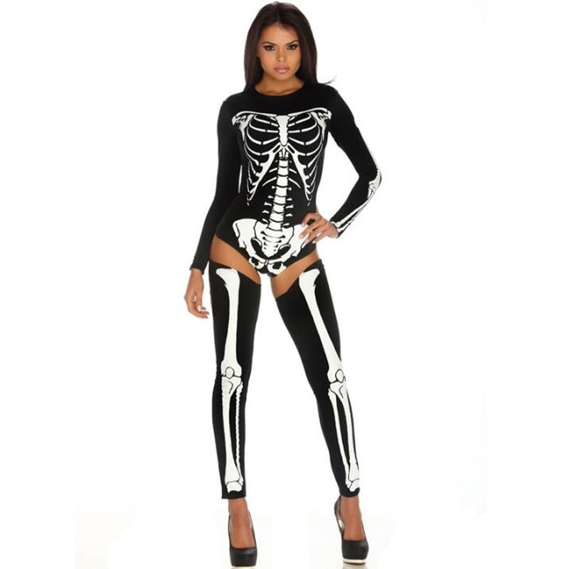 Damski Kostium na Halloween Szkieletora z Nadrukiem Anatomicznym i Przypinanymi Nogawkami