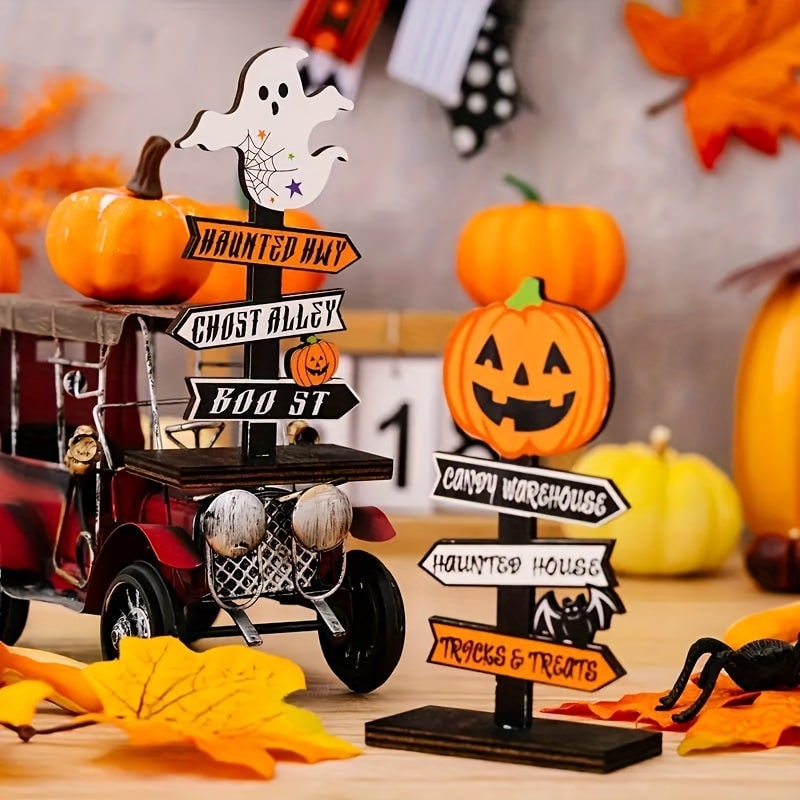Halloween Dekoracje Domu Drewniany Drogowskaz ze Strzałkami i Motywami Ducha Dyni na Stół