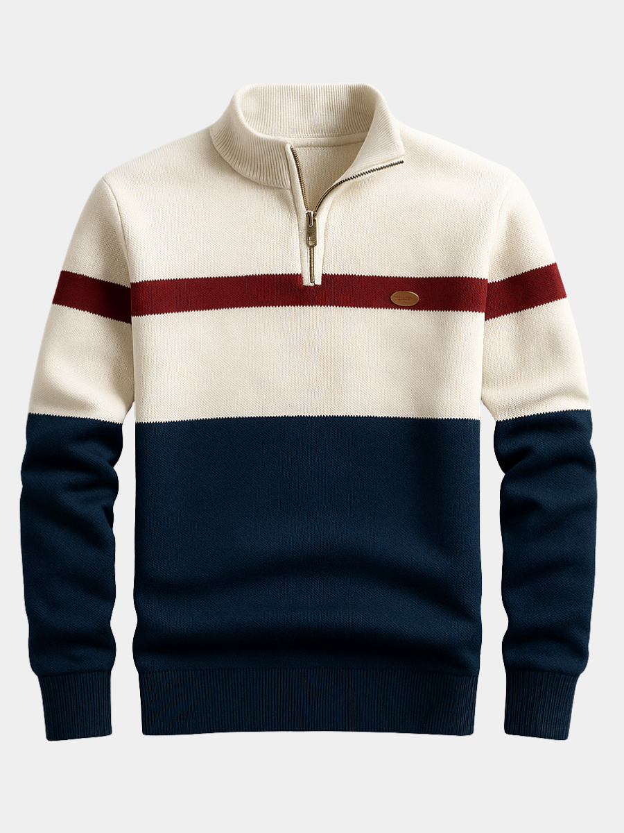 Sweter męski colorblock z krótkim zamkiem - stójka