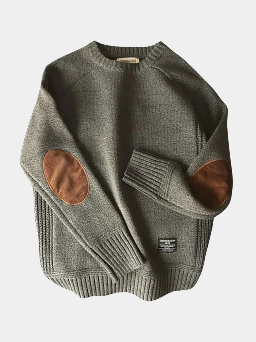 Sweter męski z dzianiny - łaty na łokciach, okrągły dekolt