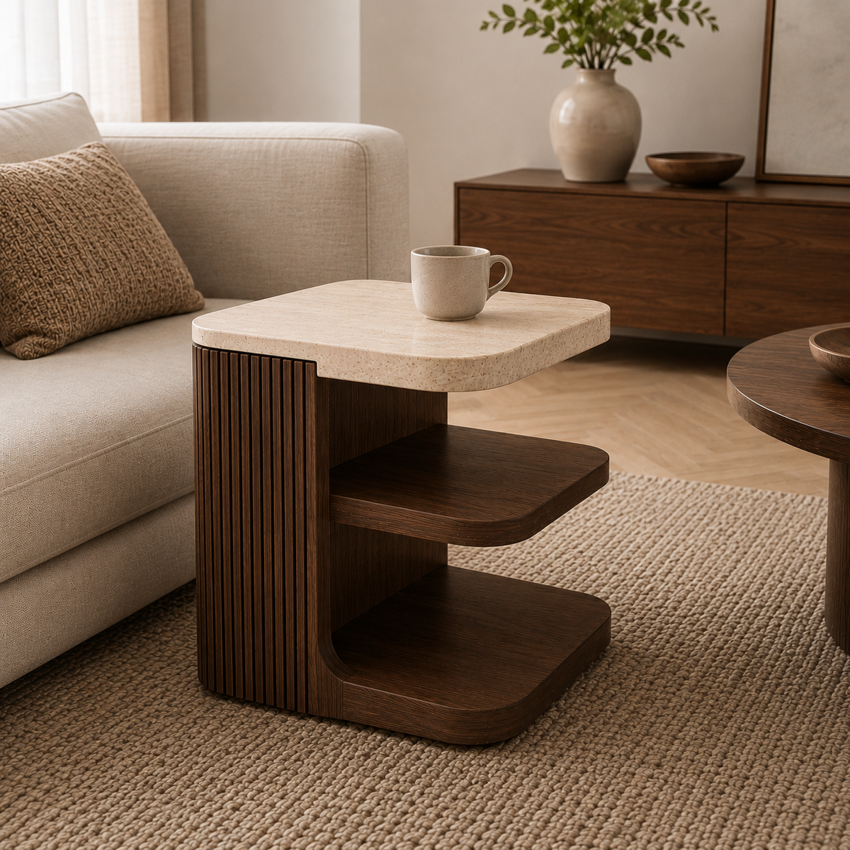 Nowoczesny Stolik Boczny z Kamiennym Blatem i Drewnianymi Półkami w Stylu Luxury Contemporary