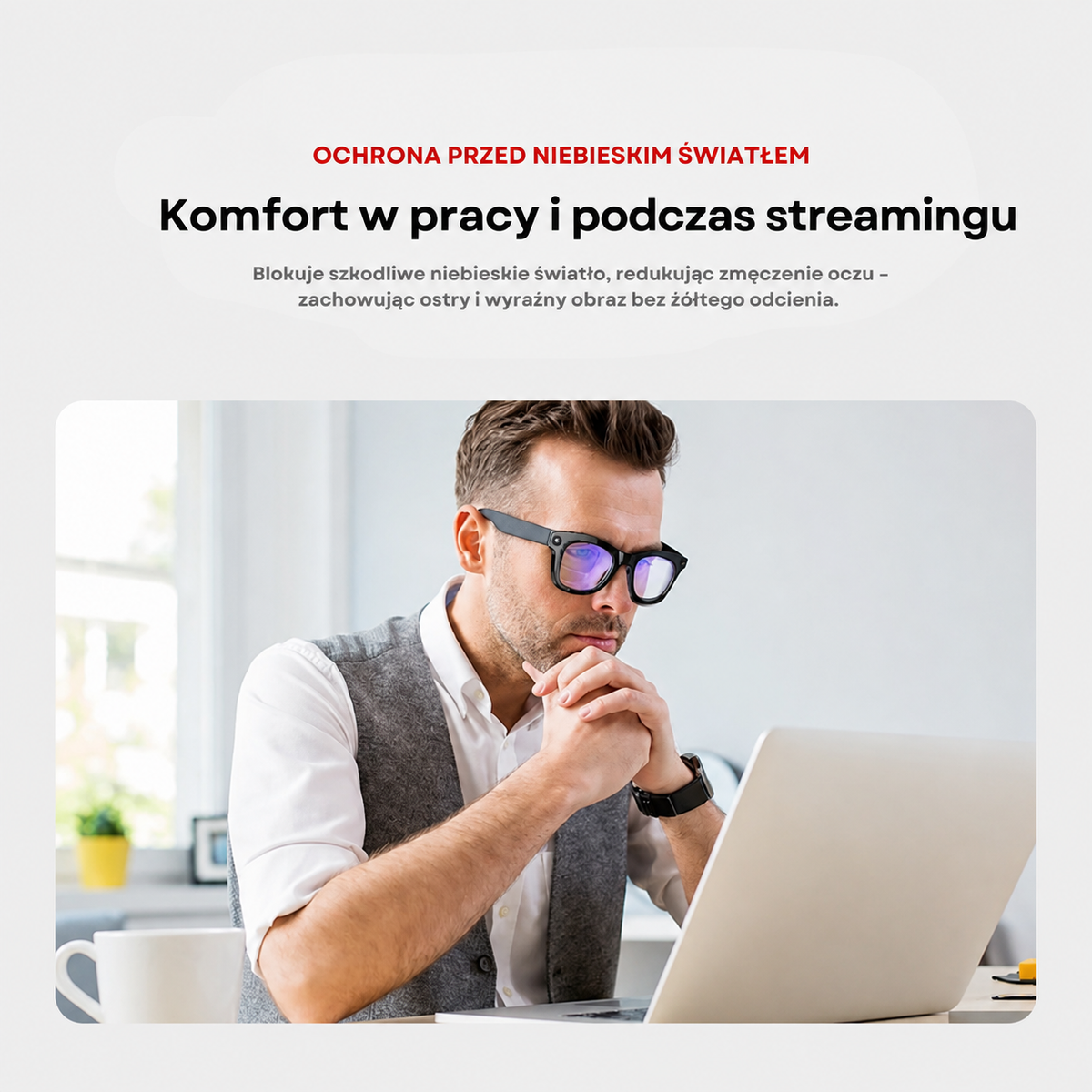 Lekkie i wygodne okulary VisionPro™ na modelu, elegancka nowoczesna oprawa