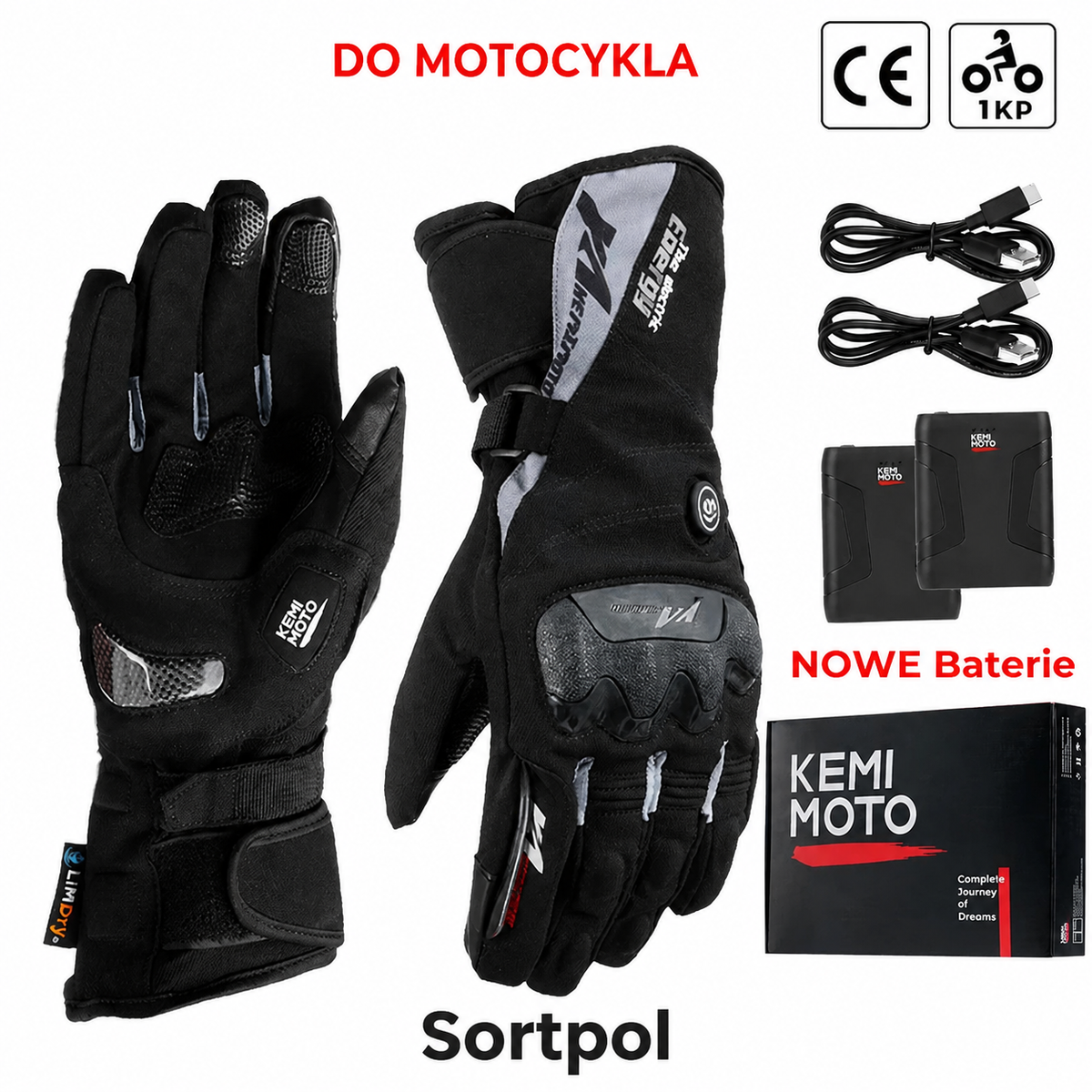 Rękawice motocyklowe z ogrzewaniem zimowe wodoodporne bateria 2500mAh 3 temperatury dotykowe — 8012BK