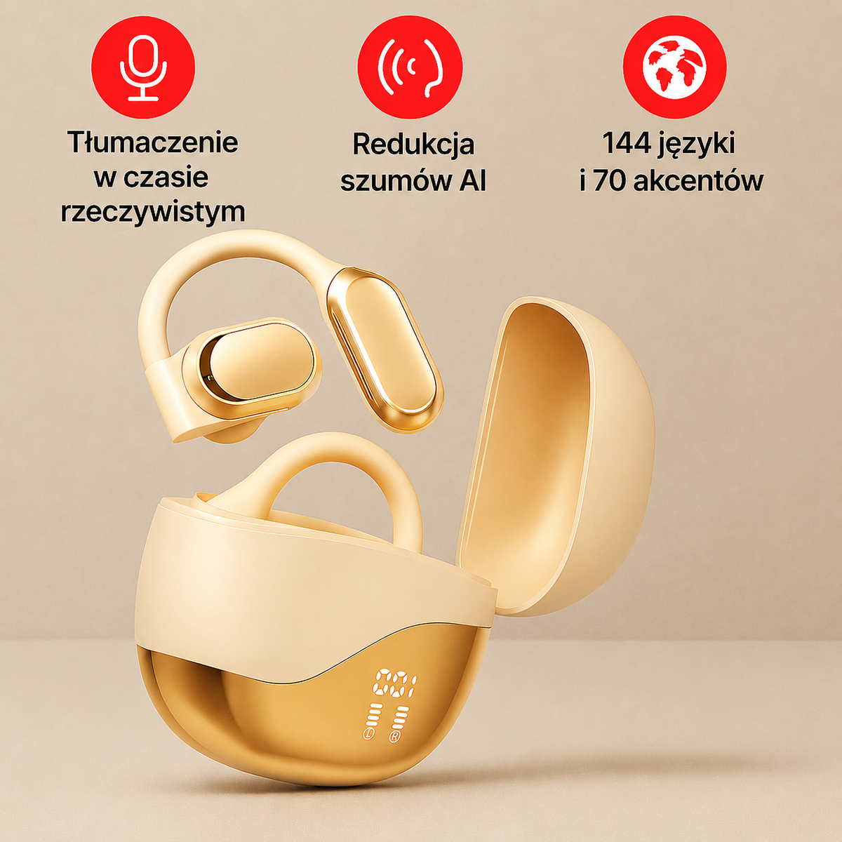 Przenośne słuchawki tłumaczące z etui ładującym do wielokrotnego użytku