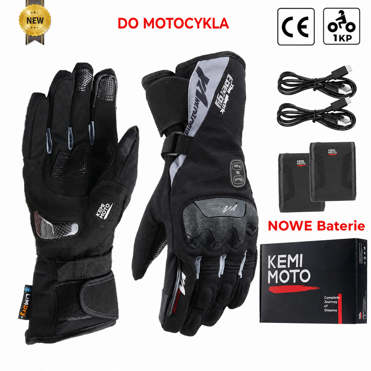 Rękawice motocyklowe z ogrzewaniem zimowe wodoodporne bateria 2500mAh 3 temperatury dotykowe — 8034BK PRO