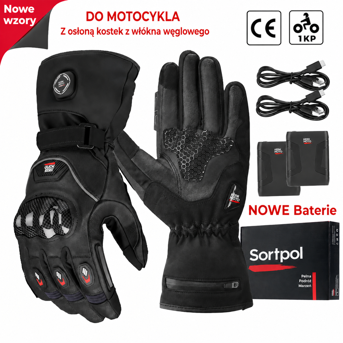 Rękawice motocyklowe podgrzewane – zimowe, wodoodporne, bateria 2500 mAh, 3 poziomy ciepła, obsługa ekranów dotykowych