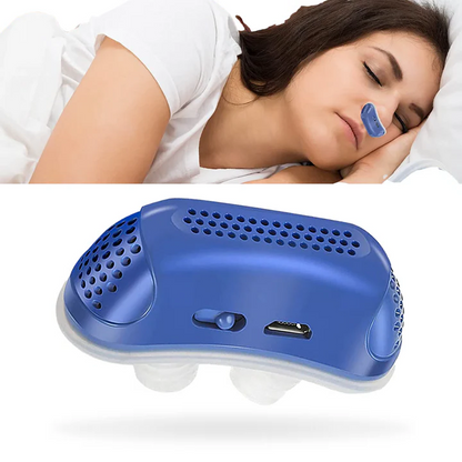 Przenośny mikro CPAP przeciw chrapaniu w niebieskiej obudowie z zatyczkami nosowymi