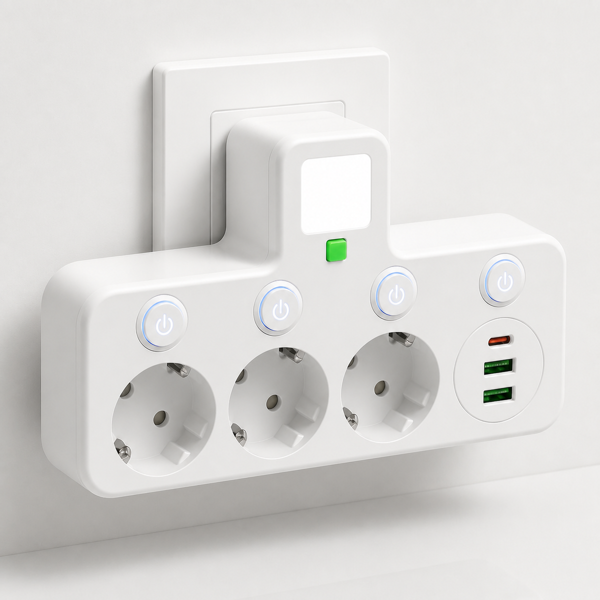 Listwa zasilająca 3 gniazda z portami USB i USB-C, przełącznik LED i obudowa z białego poliwęglanu