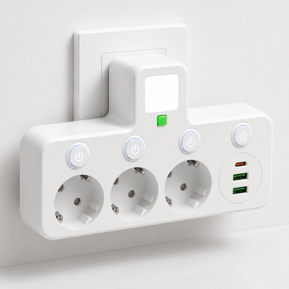 Listwa zasilająca 3 gniazda z portami USB i USB-C, przełącznik LED i obudowa z białego poliwęglanu