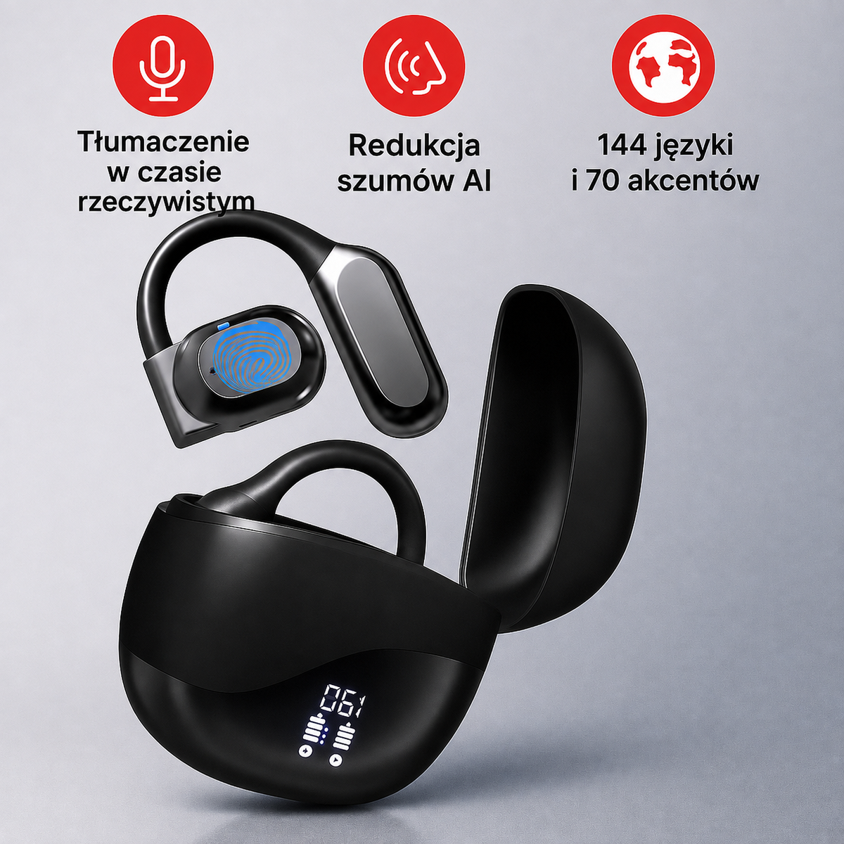 Inteligentne słuchawki tłumaczące 144 języki w etui ładującym z wyświetlaczem LED