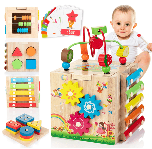 Drewniana kostka edukacyjna MINDBLOX Montessori 8 w 1 z różnymi aktywnościami dla małych dzieci