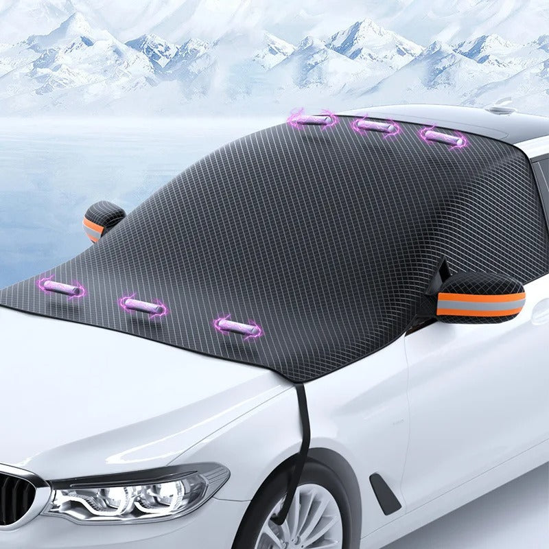 Magnetyczna osłona przeciwśnieżna IceCover™ zamontowana na przedniej szybie samochodu zimą
