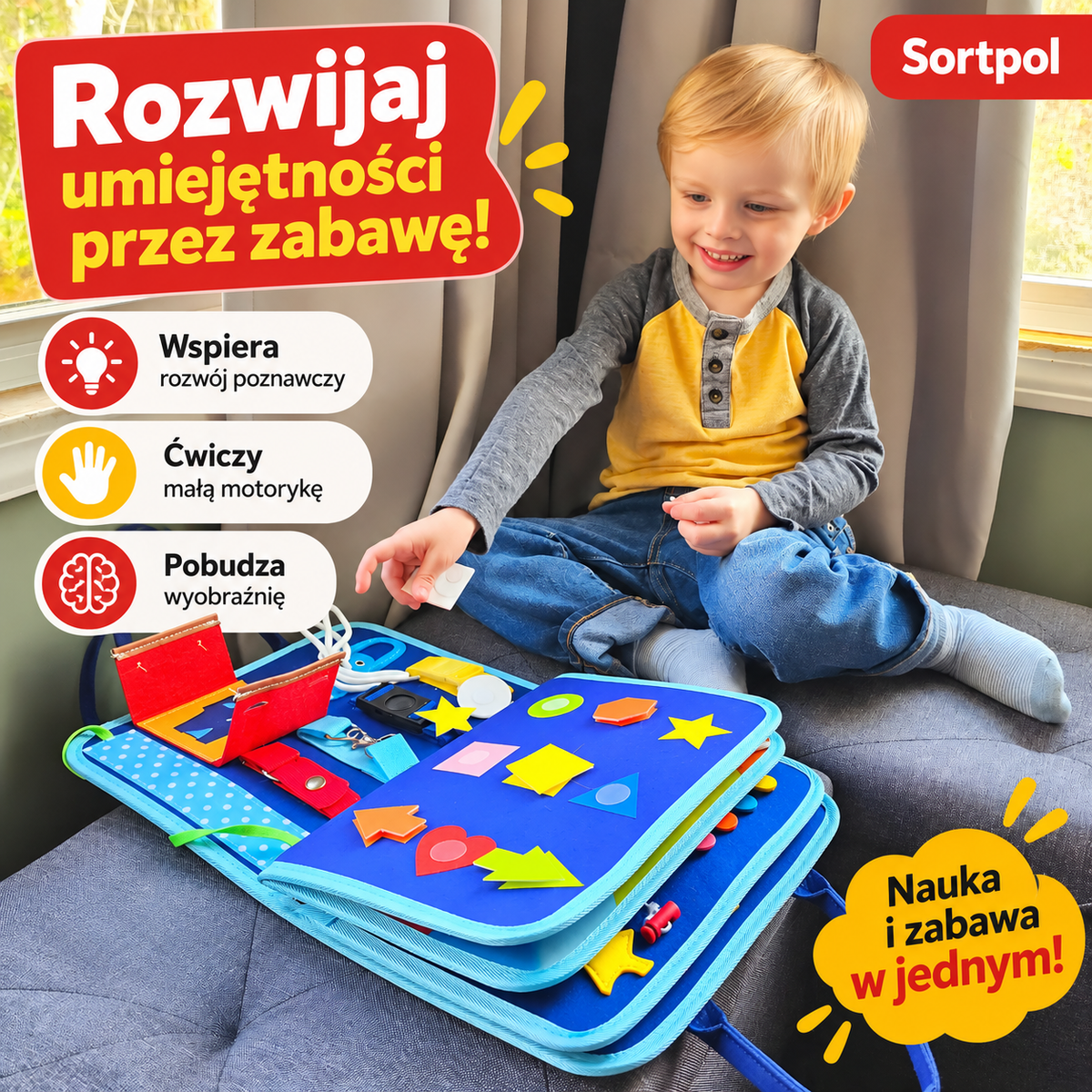 Dziecko bawiące się tablicą sensoryczną Montessori z zamkami i guzikami