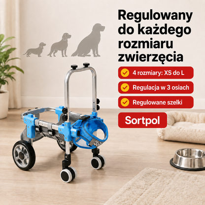Regulowany wózek weterynaryjny pokazany obok przedmiotów referencyjnych ilustrujących jego rzeczywisty rozmiar i proporcje