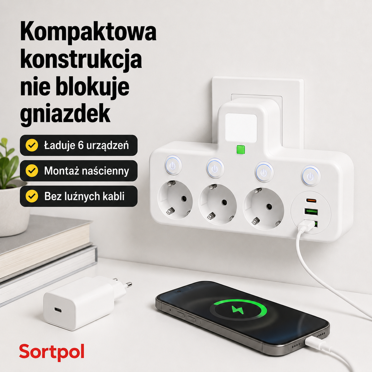 Kompaktowa listwa podłączona do gniazdka ściennego pokazująca rzeczywisty rozmiar obok smartfona i ładowarki