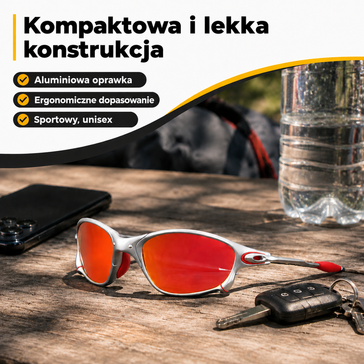 Sportowe okulary przeciwsłoneczne polaryzacyjne z metalową oprawką i czerwonymi lustrzanymi szkłami UV400