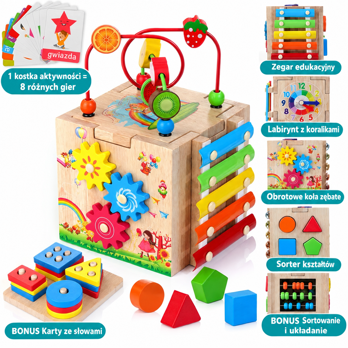 MINDBLOX – Drewniana Kostka Edukacyjna Montessori 8 w 1 dla Małych Dzieci z Grami Edukacyjnymi