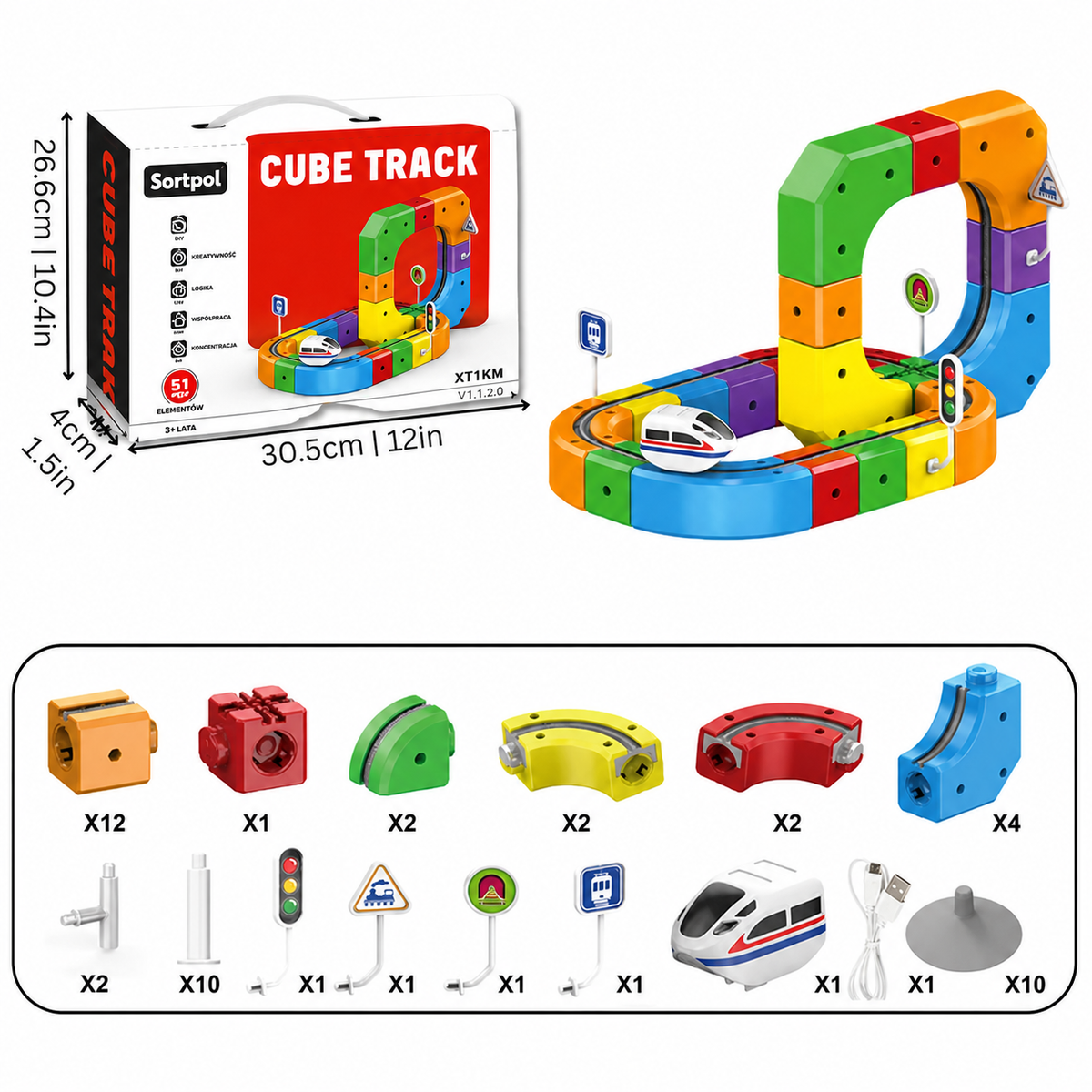 Dziecko budujące edukacyjny tor kolejowy 3D z kolorowych elementów