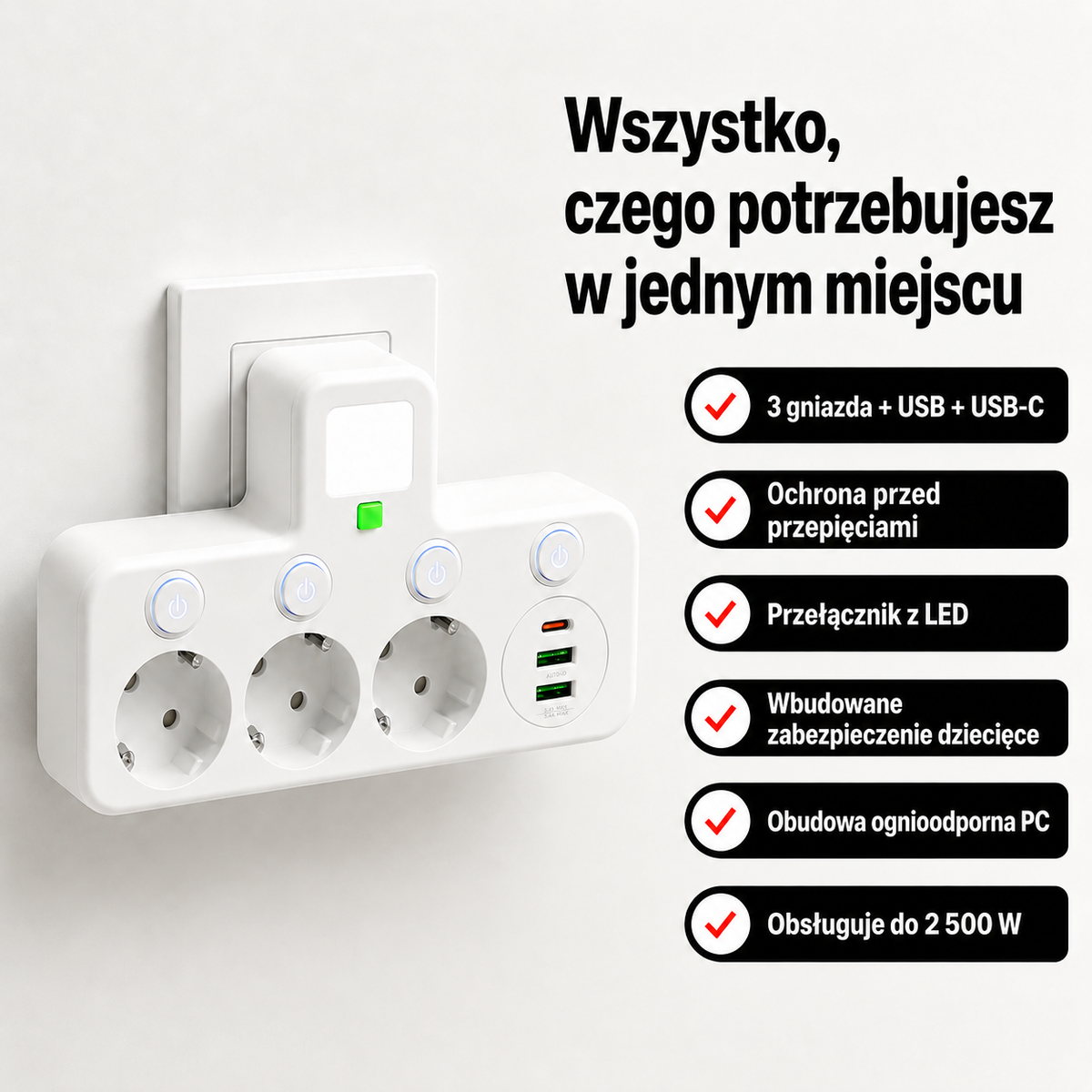 Listwa zasilająca – 3 gniazda, USB i USB-C, przełącznik LED, zabezpieczenie przepięciowe