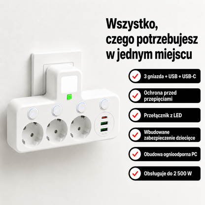 Listwa zasilająca – 3 gniazda, USB i USB-C, przełącznik LED, zabezpieczenie przepięciowe