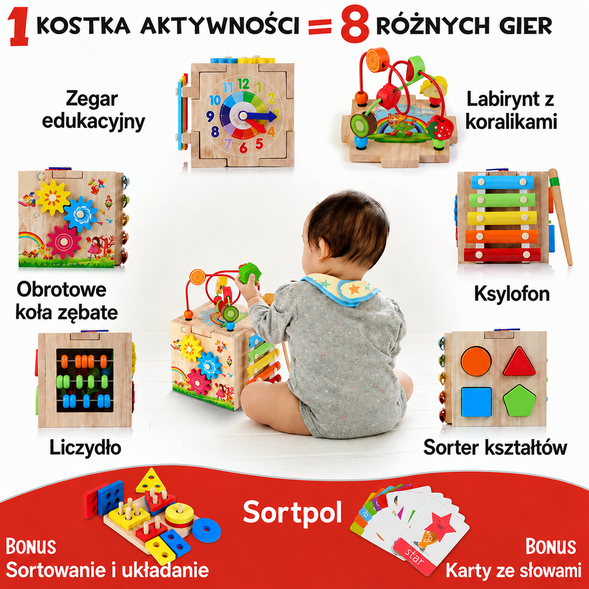 MINDBLOX – Drewniana Kostka Edukacyjna Montessori 8 w 1 dla Małych Dzieci z Grami Edukacyjnymi