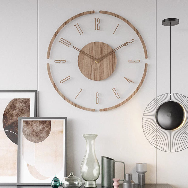 Skandynawski zegar drewniany w minimalistycznym wnętrzu salonu w stylu nordyckim