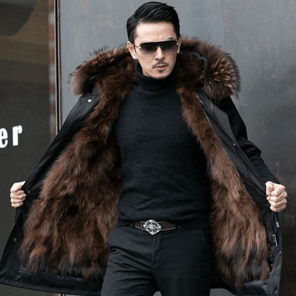 Męska parka Olivier z ciepłą podszewką – szczegół kołnierza ze sztucznego futra