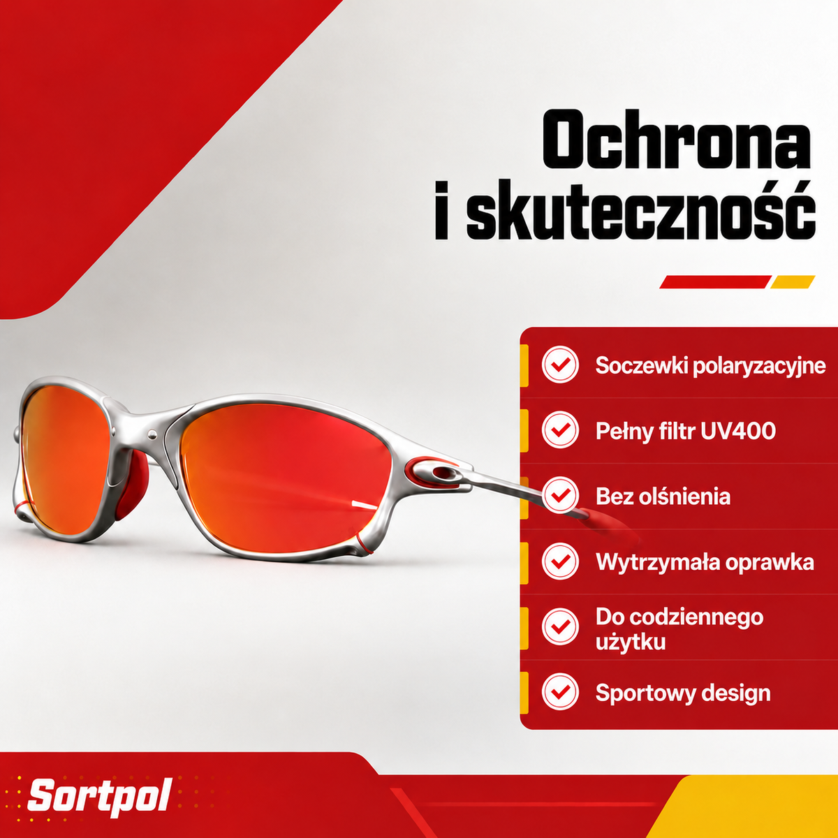 Sportowe okulary przeciwsłoneczne polaryzacyjne z metalową oprawką i czerwonymi lustrzanymi szkłami UV400