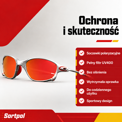 Sportowe okulary przeciwsłoneczne polaryzacyjne z metalową oprawką i czerwonymi lustrzanymi szkłami UV400