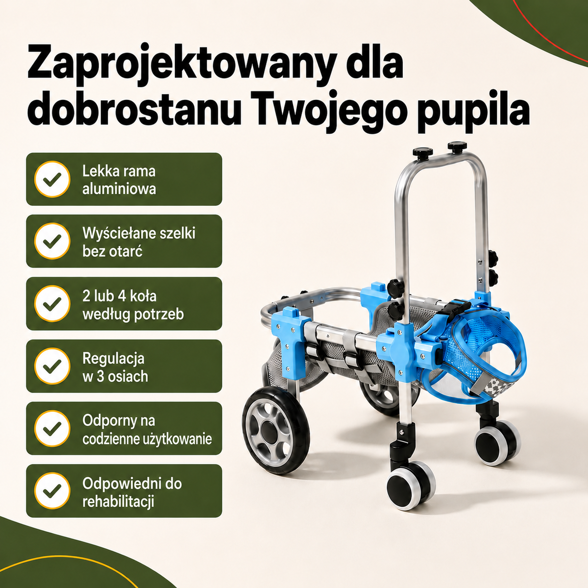 Lista korzyści wózka inwalidzkiego dla pupili: regulowany, lekki, wytrzymały, odpowiedni do rehabilitacji