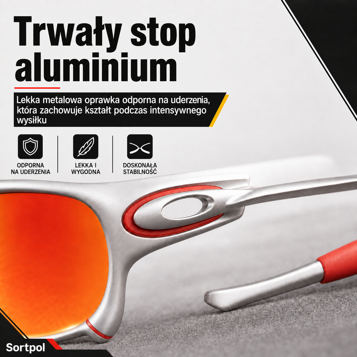 Sportowe okulary przeciwsłoneczne polaryzacyjne z metalową oprawką i czerwonymi lustrzanymi szkłami UV400