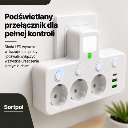 Zbliżenie na przełącznik ze wskaźnikiem LED i porty USB listwy PowerGrid