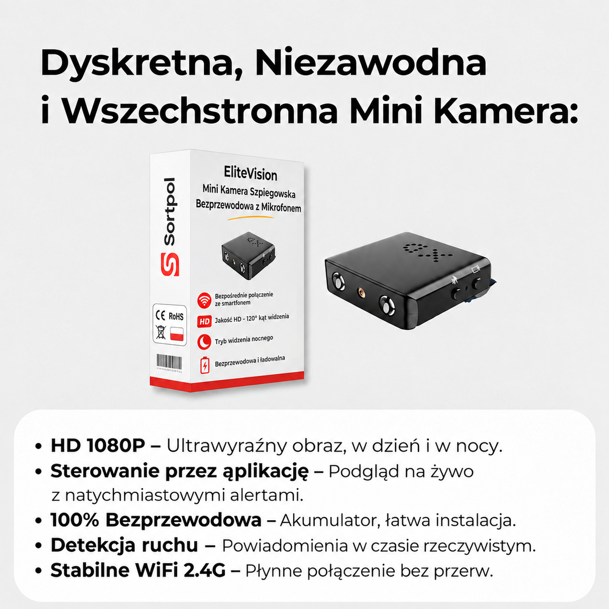 Mini kamera szpiegowska EliteVision – dyskretny monitoring, noktowizor i detekcja ruchu