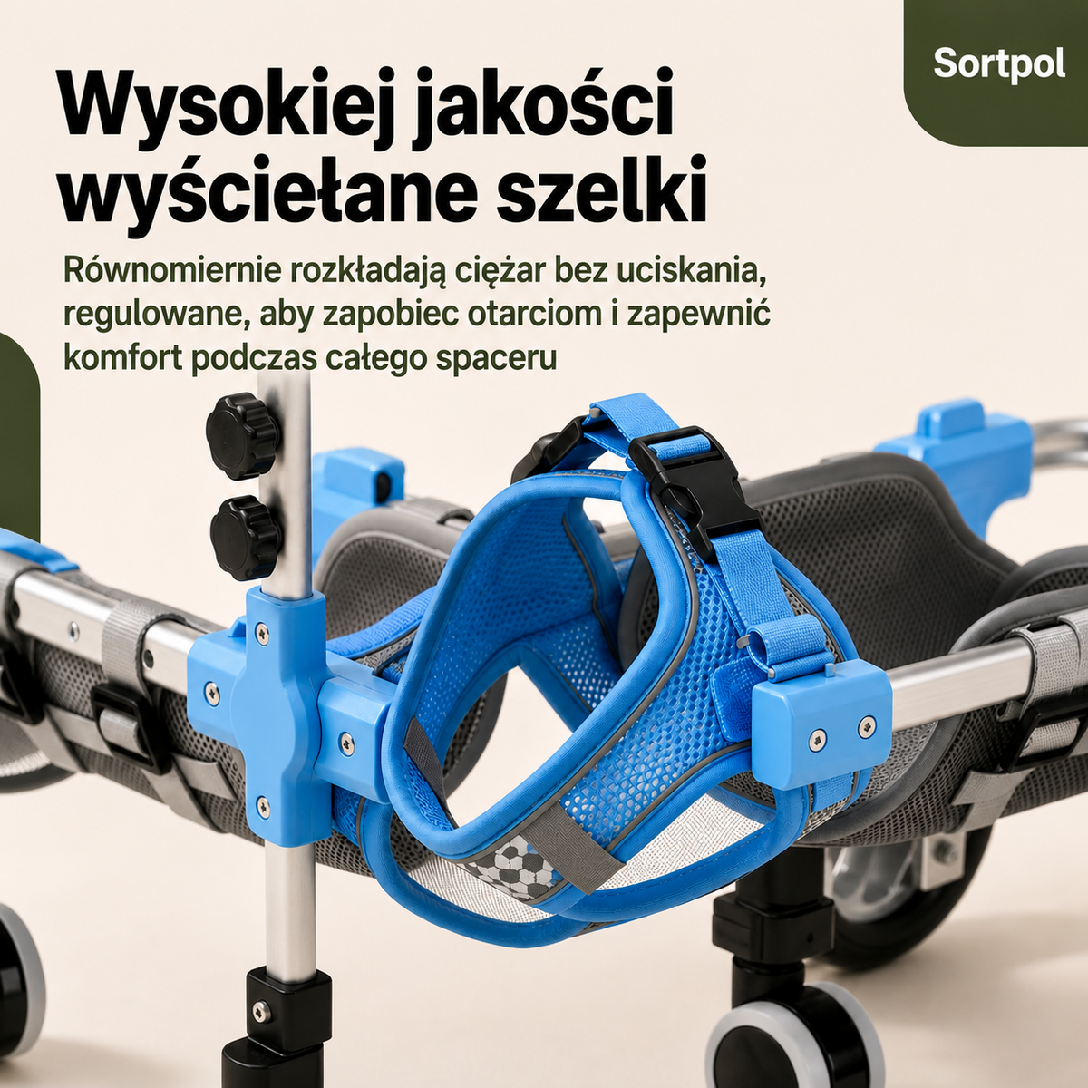 Zbliżenie na wyściełane szelki i system regulacji wózka inwalidzkiego dla psów i kotów