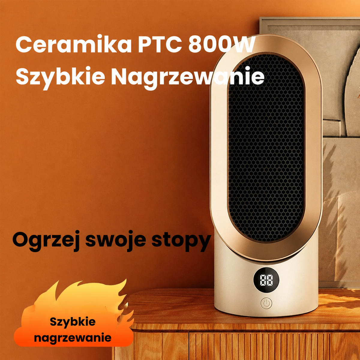 Przenośny grzejnik HogarCalido Pro w sypialni, zapewniający ciepło i komfort podczas zimowych nocy