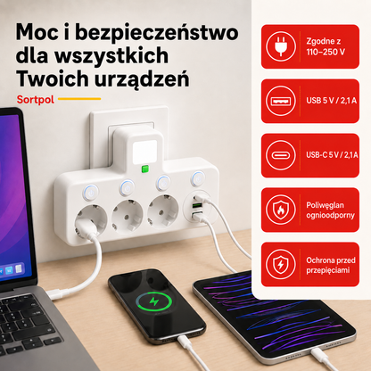 Listwa zasilająca – 3 gniazda, USB i USB-C, przełącznik LED, zabezpieczenie przepięciowe