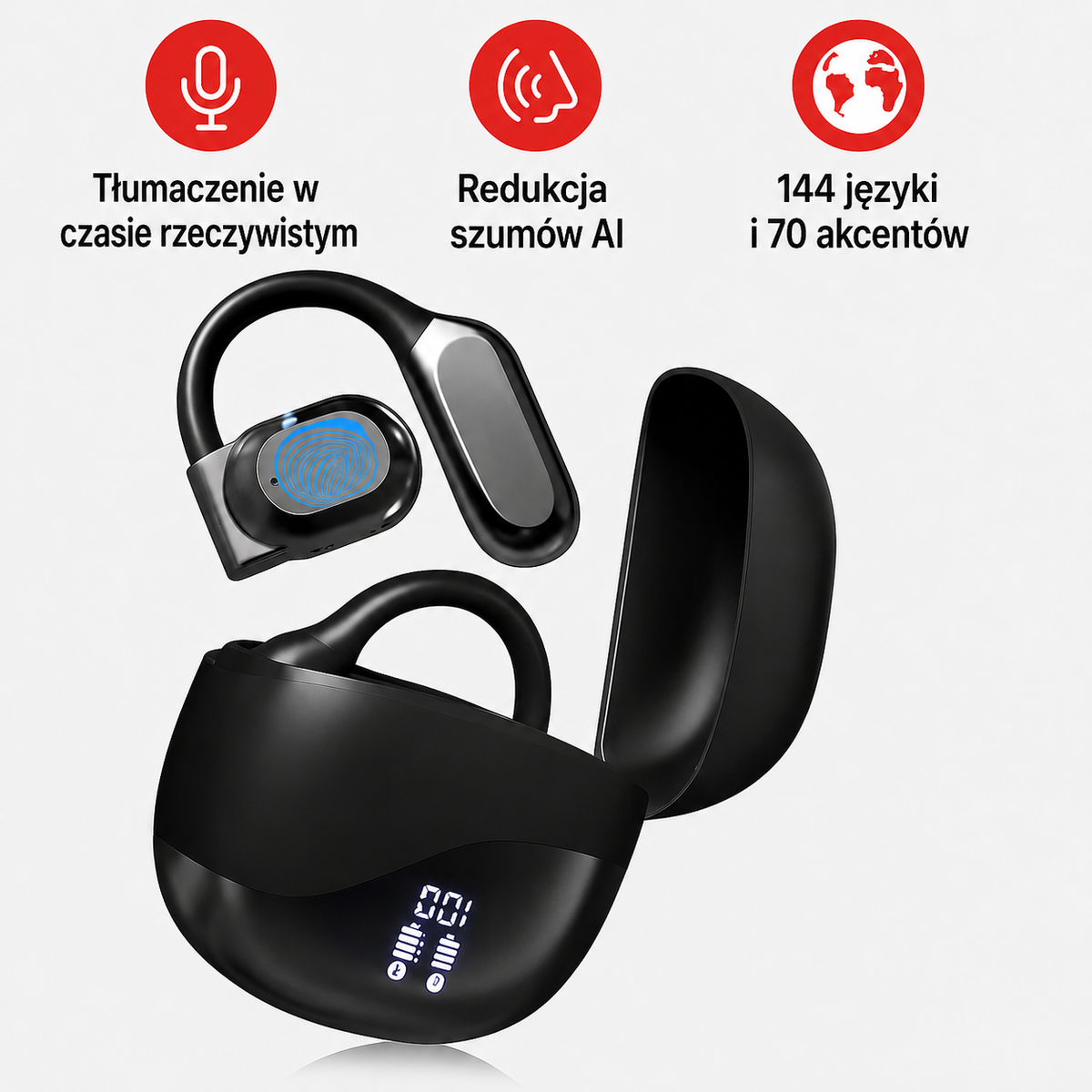 Kompaktowe etui ładujące ze słuchawkami tłumaczącymi i wskaźnikiem poziomu baterii LED