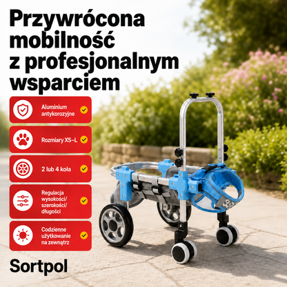 Wózek inwalidzki dla pupili w użyciu, pokazujący konfiguracje 2 i 4 kół ze specyfikacją stabilności i materiałów