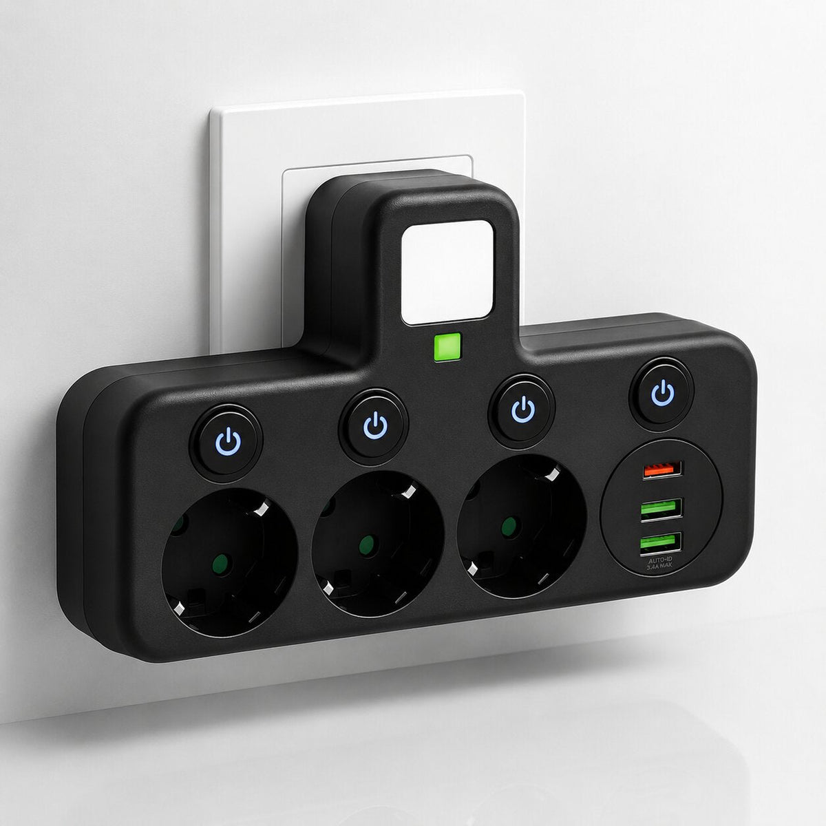 Listwa zasilająca 3 gniazda z USB i USB-C, przełącznik LED i zabezpieczenie przepięciowe — Czarna