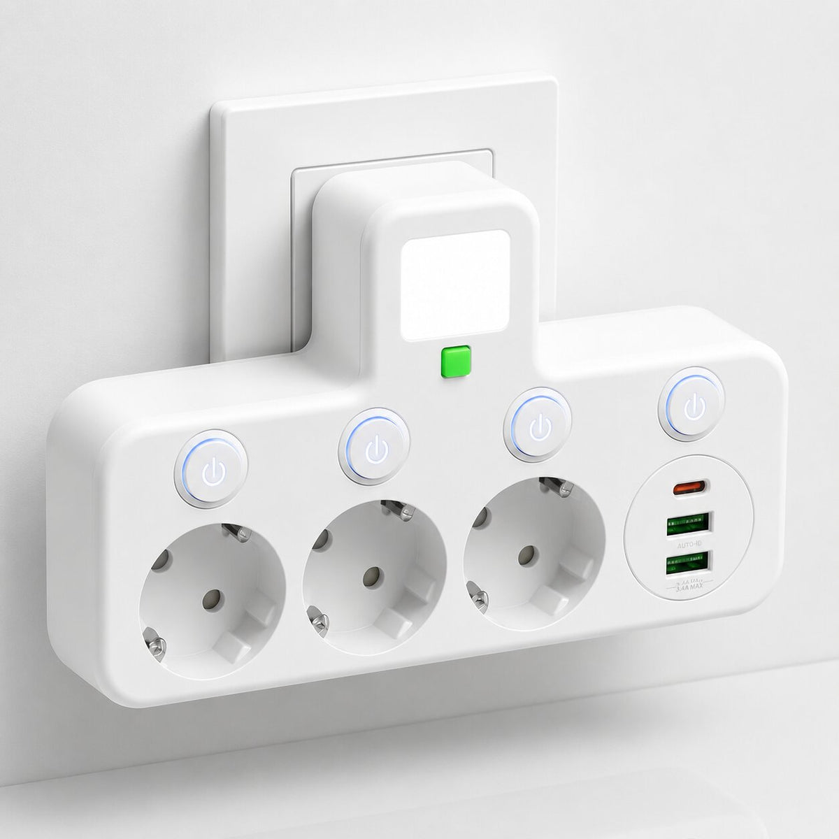 Listwa zasilająca 3 gniazda z USB i USB-C, przełącznik LED i zabezpieczenie przepięciowe — Biała
