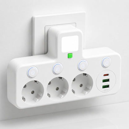 Listwa zasilająca 3 gniazda z USB i USB-C, przełącznik LED i zabezpieczenie przepięciowe — Biała