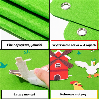 Tablica filcowa Montessori StoryFelt™ Farma zamontowana w pokoju dziecięcym jako dekoracja edukacyjna