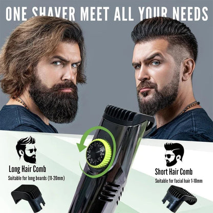 Trymer do brody NeatBeard z pojemnikiem na włosy i pokrętłem długości, bezprzewodowy