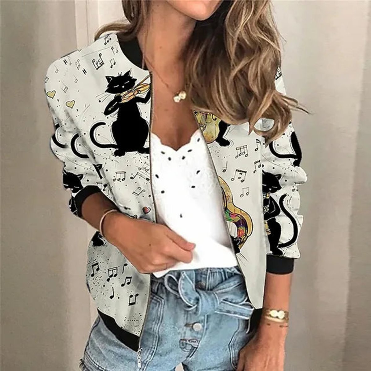 Damska kurtka zimowa bomber w kwiatowy wzór vintage z zamkiem