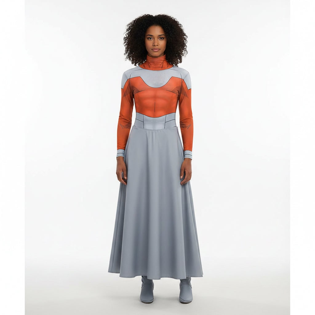 Damski Kostium na Halloween Cosplay Futurystyczny ze Spódnicą Maxi i Peleryną Stroj