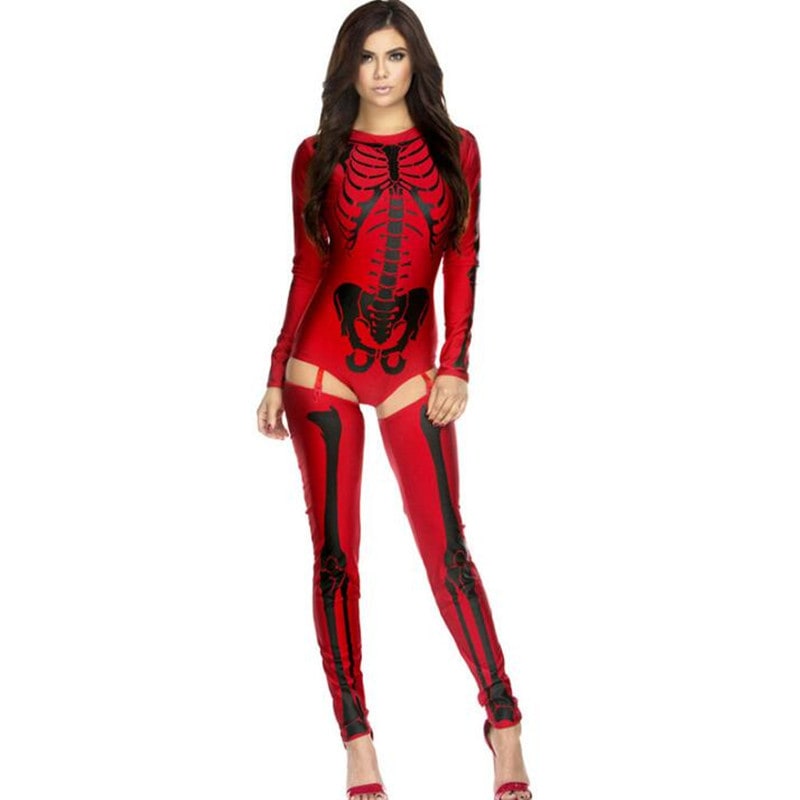 Damski Kostium na Halloween Szkieletora z Nadrukiem Anatomicznym i Przypinanymi Nogawkami