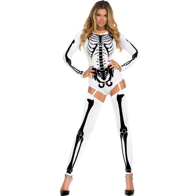 Damski Kostium na Halloween Szkieletora z Nadrukiem Anatomicznym i Przypinanymi Nogawkami