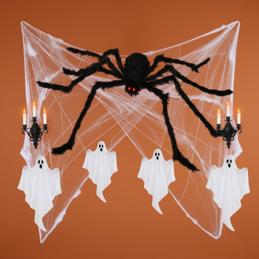 Halloween Dekoracja Gigantyczny Pająk Włochaty ze świecącymi Oczami i Pajęczyną Na