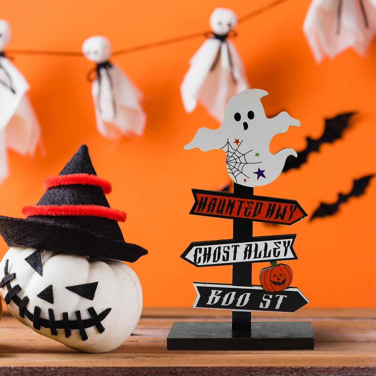 Halloween Dekoracje Domu Drewniany Drogowskaz ze Strzałkami i Motywami Ducha Dyni na Stół